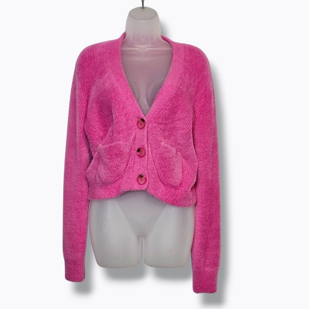 Revolve GRLFRND Cardigan Sweater XS Pink Eyelash Knit Fuzzy Pocket Soft Girl